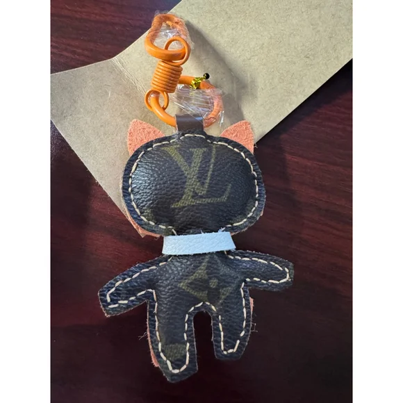 Upcycled Designer Canvas Kitty Keychain Bag Charm Orange Leather One of a Kind - Picture 3 of 6